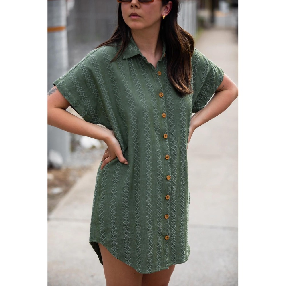 Liz Alig Green Paige Handwoven Cotton Relaxed Shirt Dress Green Check Size Large